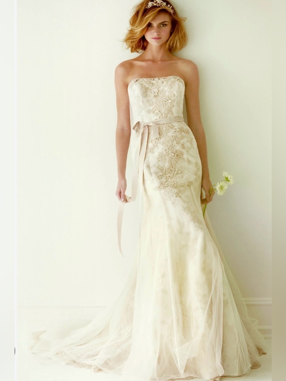 Melissa Sweet Lace Wedding Dress with Ruffle Train in Ivory and Champagne